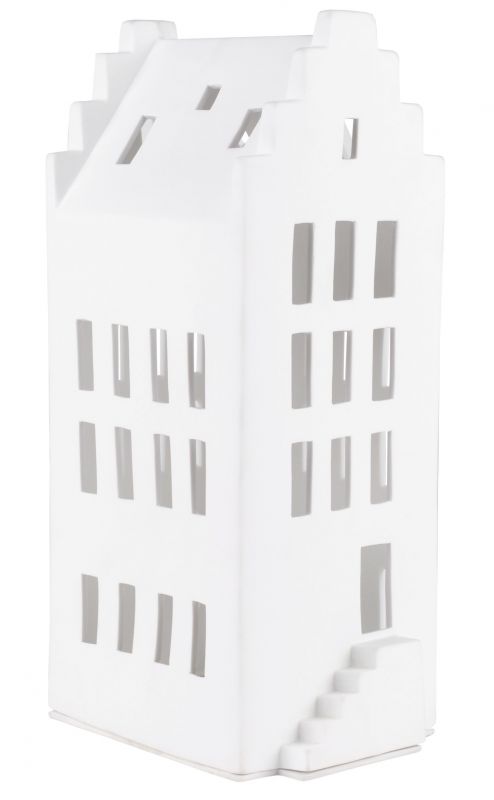 Weißes Lichthaus mit Giebeldach und Fensteröffnungen, dekoratives Wohnaccessoire für stimmungsvolle Beleuchtung.